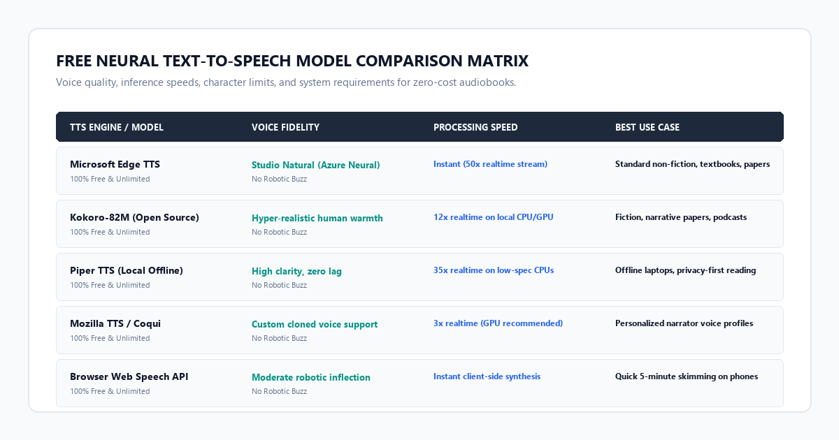 Free Neural Text-to-Speech Model Comparison Matrix