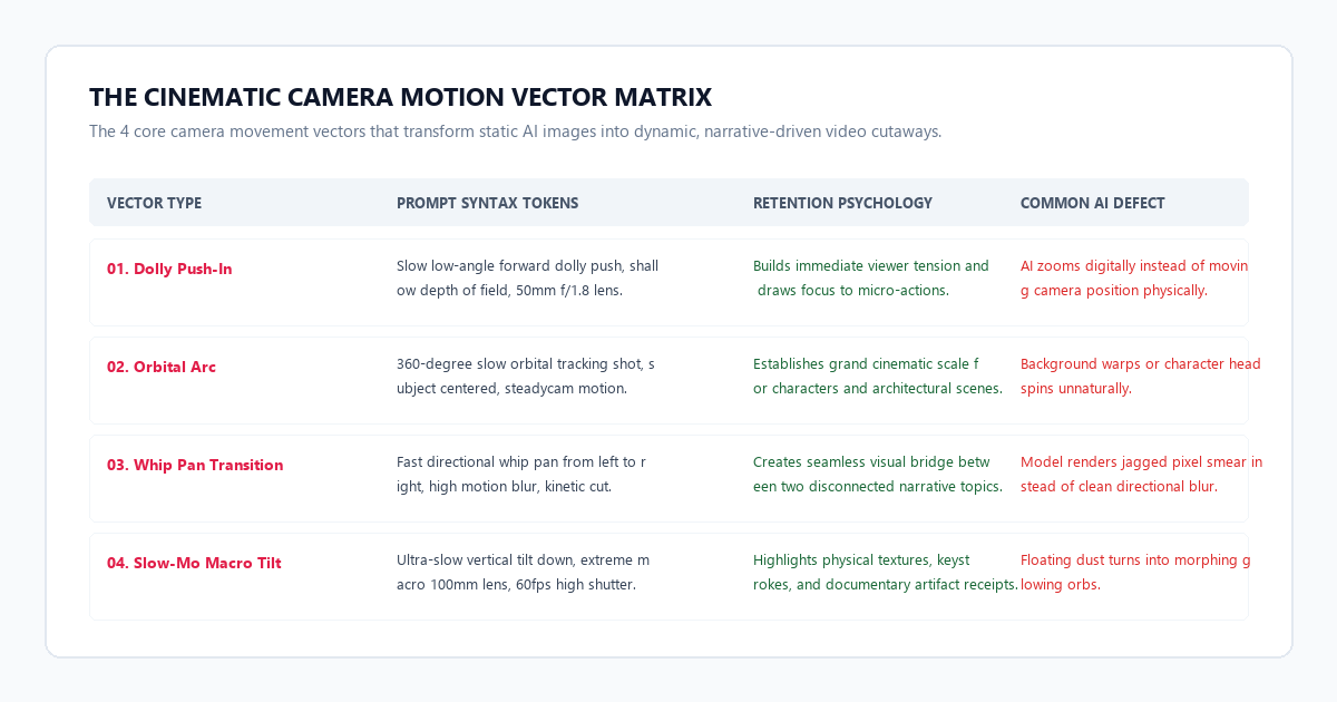 The Cinematic Camera Motion Vector Matrix